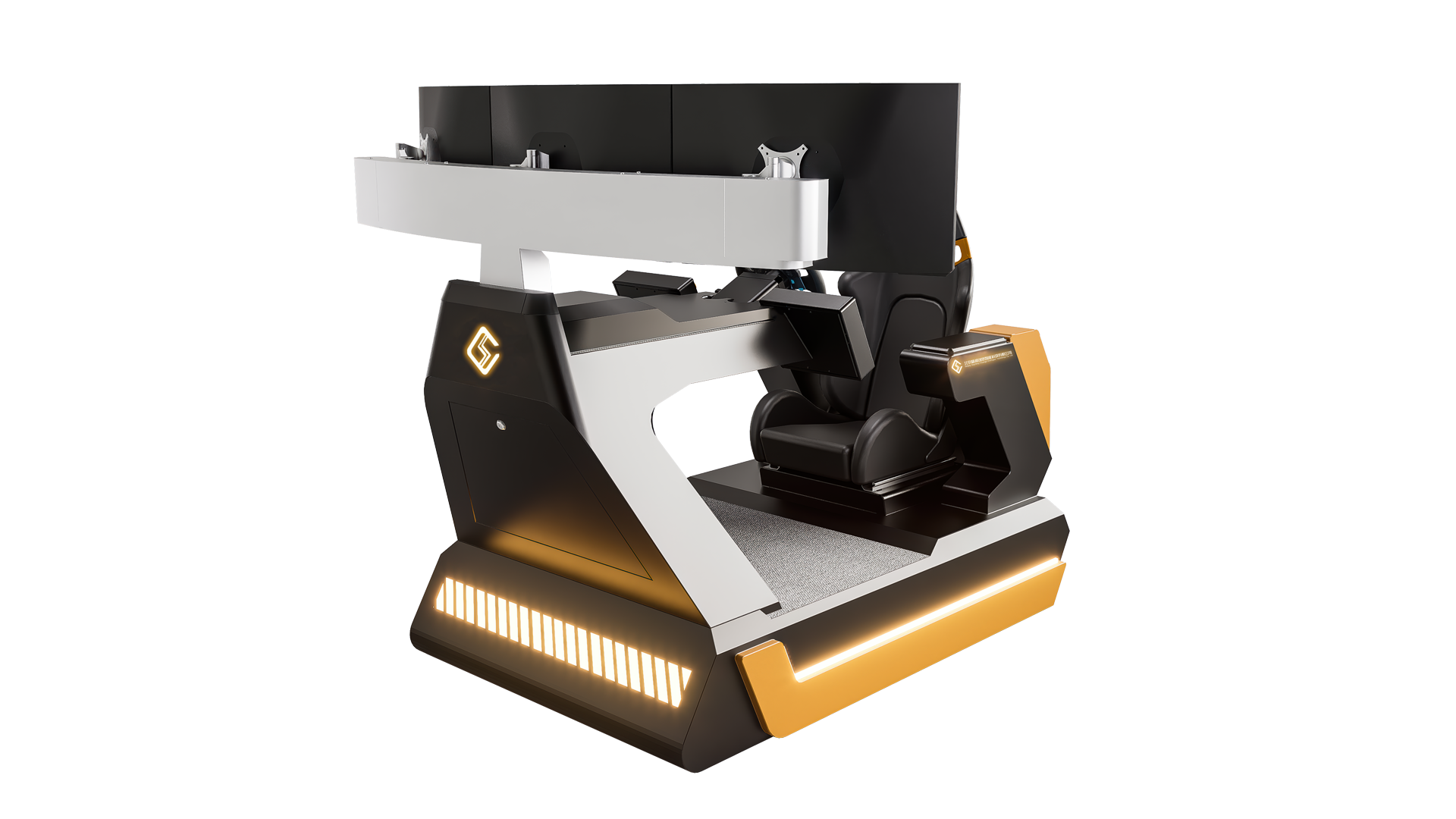 外观采用黑、白、橙配色，搭配灯光设计，极具未来感，彰显其在电竞、模拟驾驶行等领域的专业定位，可满足用户对高拟真、高体验度交互场景的需求。