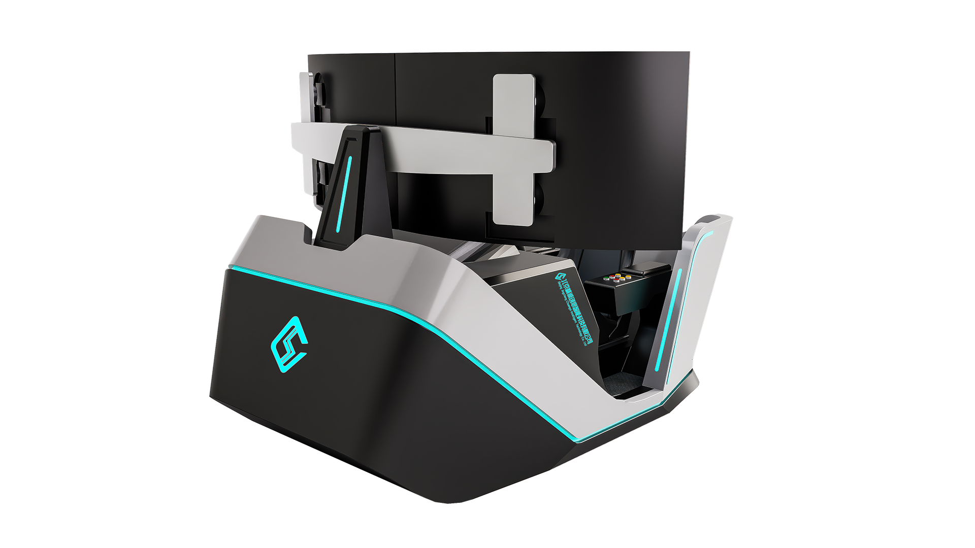 蓝绿色氛围灯，造型极具未来感，设备配备多块显示屏，结合座舱式结构与操控装置，为特定领域提供沉浸式模拟训练。