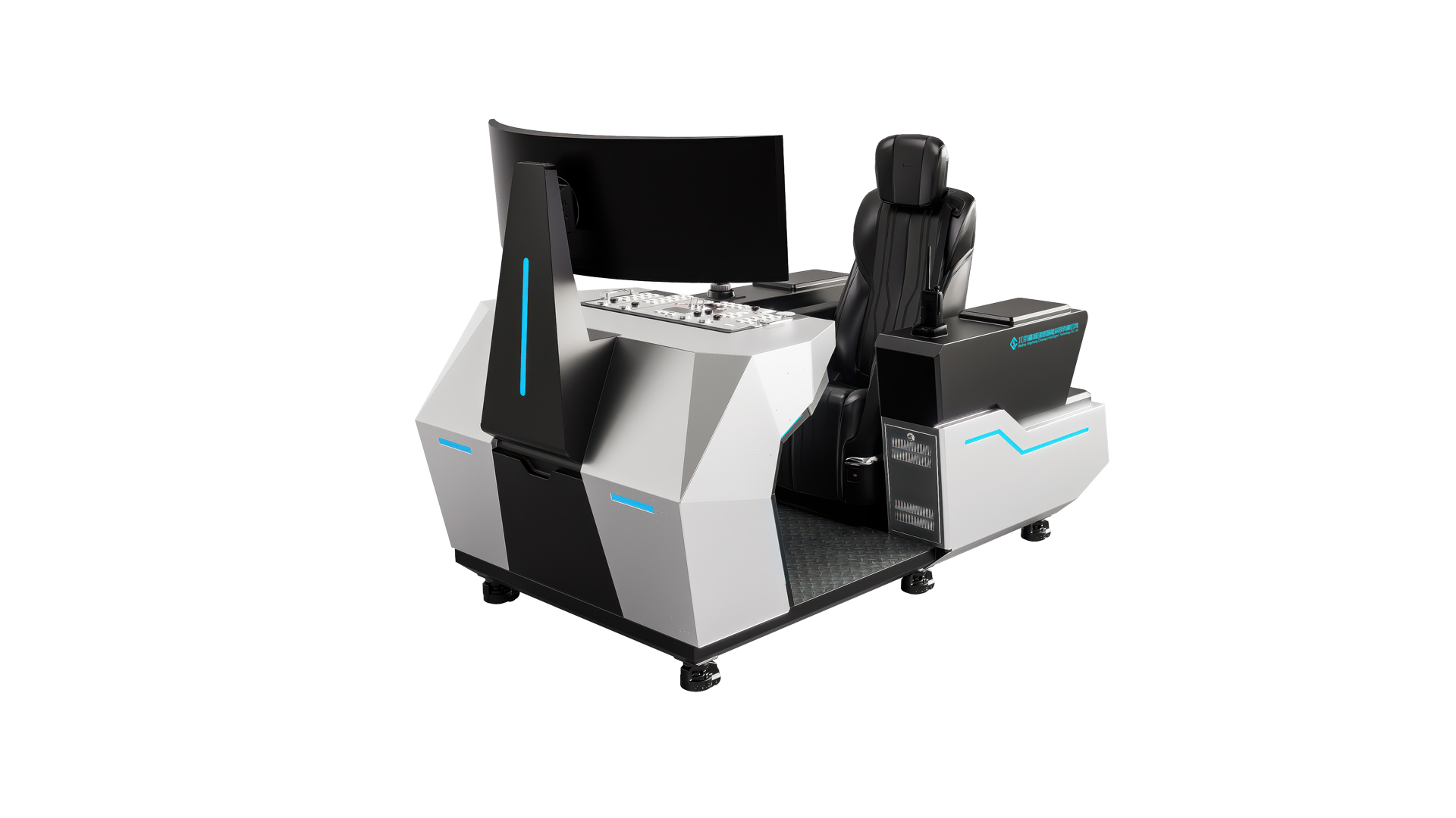 机身镶嵌蓝色发光灯带，既起到装饰作用，强化科技氛围，又可作为功能分区的视觉引导（如设备状态指示、操作区域划分）。